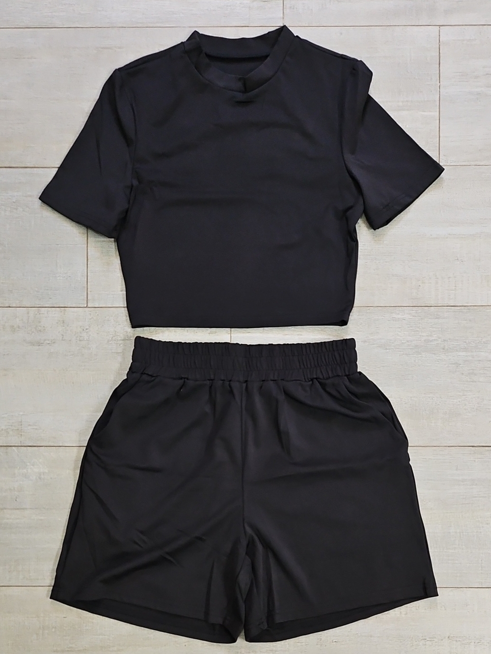 Two-Piece Black Lounge Set - Crop Top & Elastic Waist Shorts